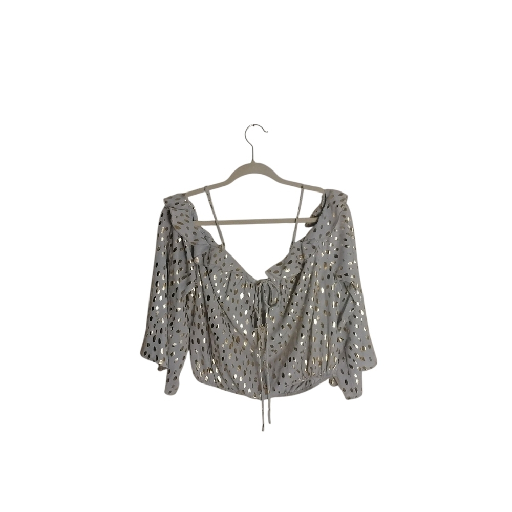 Peach Love California Women's L Bue Gold Metallic Ruffle Cropped Bell Sleeve Top